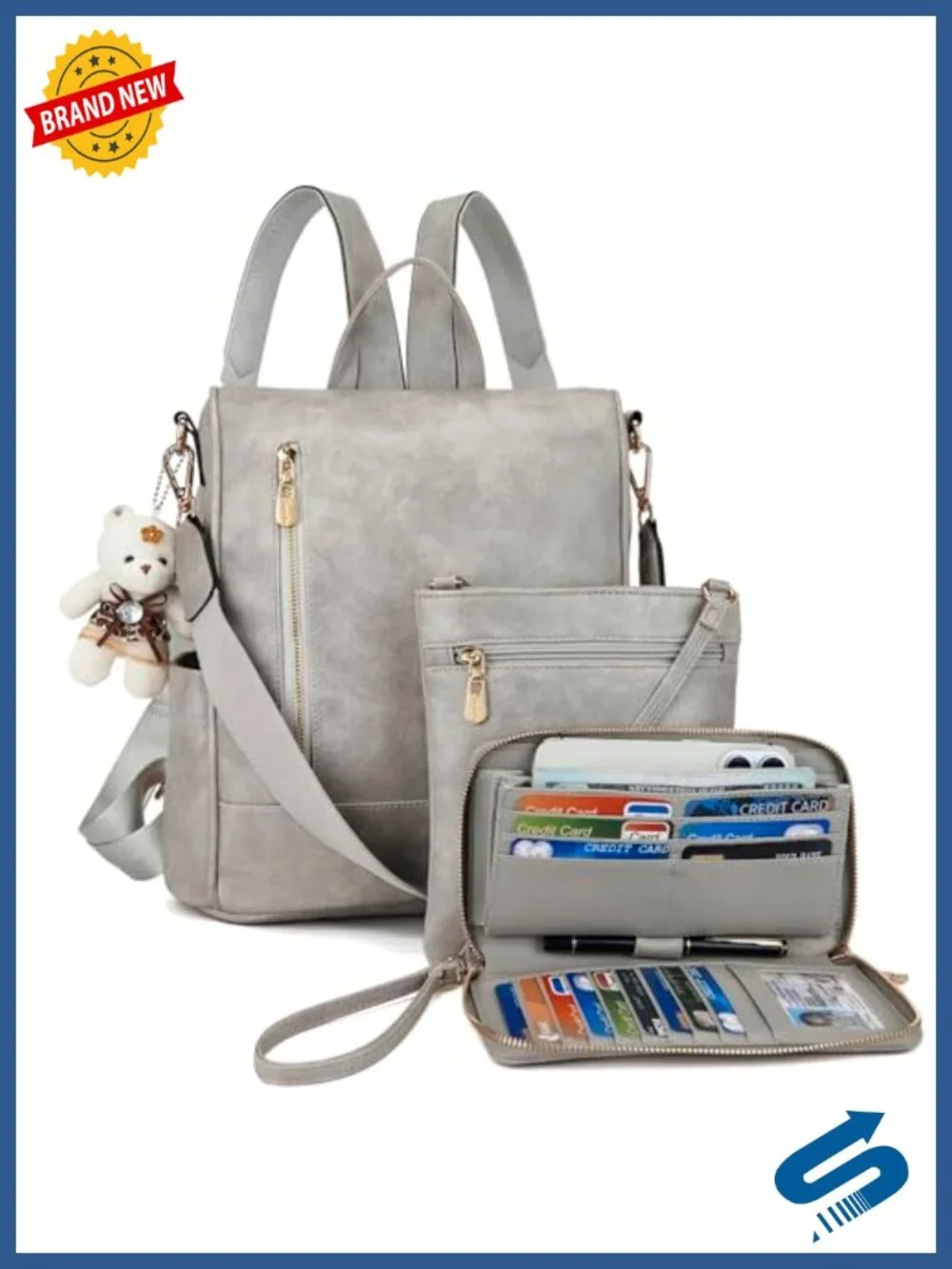 3pc Fashion Backpack Purse Set Anti-Theft Soft Pu Leather Detachable Strap